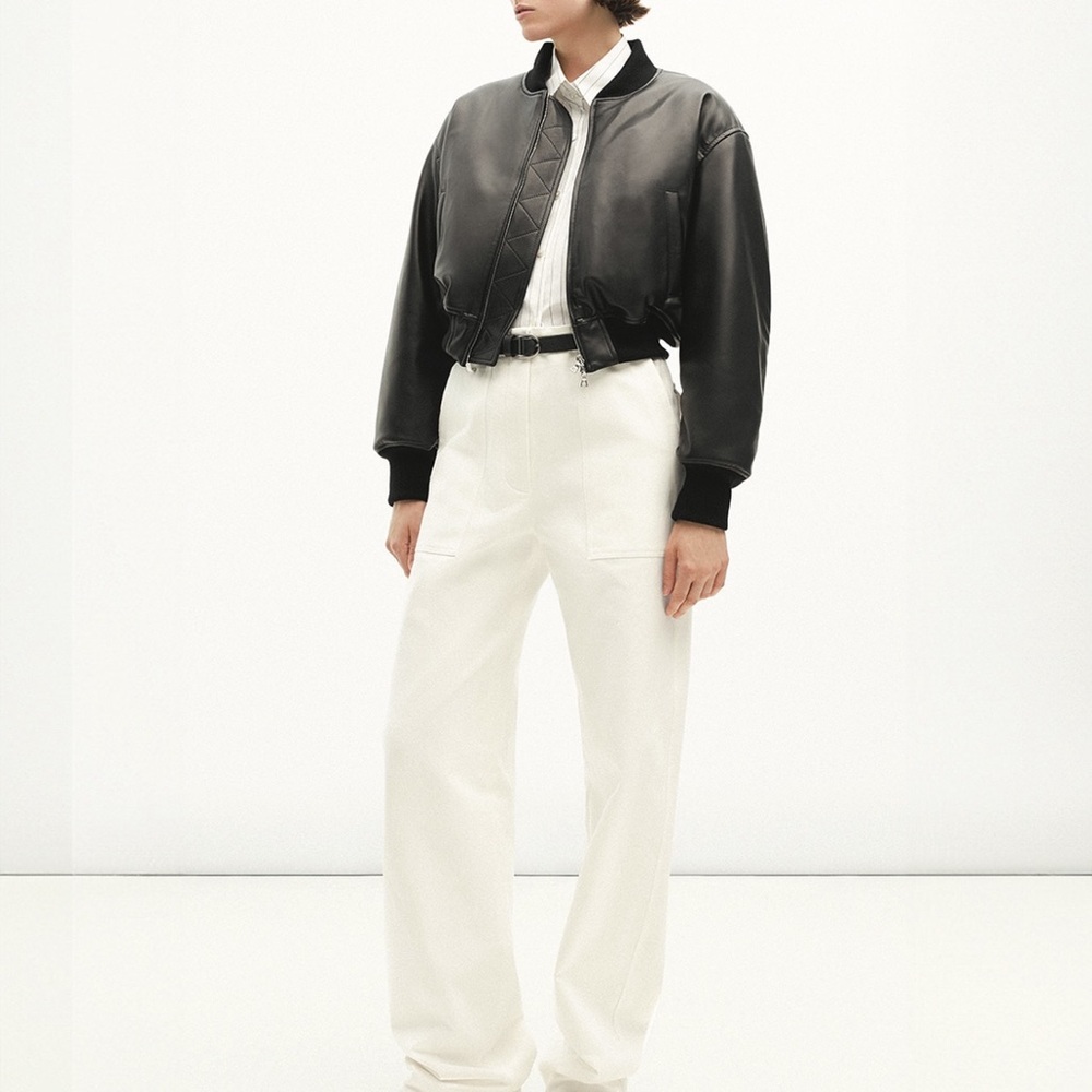New $4995 Adam Lippes Cropped Black Leather Bomber Jacket